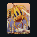 Alien der Vintagen Science Fiction Magnet<br><div class="desc">Vintage Illustration Außerirdischen und Roboter Science Fiction Bild mit einem großen futuristischen Alien Oktopus wie Monster einmarschieren in einer Stadt und sammeln einen Bus voller Menschen. Ein Retro-Sci-fi-Comic Buch-Design mit einem Geschöpf zerstört eine Metropole der Zukunft und die Menschen fallen aus dem Bus auf den städtischen Boden unten.</div>