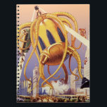 Alien der Vintagen Science Fiction Notizblock<br><div class="desc">Vintage Illustration Außerirdischen und Roboter Science Fiction Bild mit einem großen futuristischen Alien Oktopus wie Monster einmarschieren in einer Stadt und sammeln einen Bus voller Menschen. Ein Retro-Sci-fi-Comic Buch-Design mit einem Geschöpf zerstört eine Metropole der Zukunft und die Menschen fallen aus dem Bus auf den städtischen Boden unten.</div>