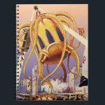 Alien der Vintagen Science Fiction Notizblock<br><div class="desc">Vintage Illustration Außerirdischen und Roboter Science Fiction Bild mit einem großen futuristischen Alien Oktopus wie Monster einmarschieren in einer Stadt und sammeln einen Bus voller Menschen. Ein Retro-Sci-fi-Comic Buch-Design mit einem Geschöpf zerstört eine Metropole der Zukunft und die Menschen fallen aus dem Bus auf den städtischen Boden unten.</div>