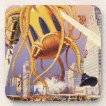 Alien der Vintagen Science Fiction Untersetzer<br><div class="desc">Vintage Illustration Außerirdischen und Roboter Science Fiction Bild mit einem großen futuristischen Alien Oktopus wie Monster einmarschieren in einer Stadt und sammeln einen Bus voller Menschen. Ein Retro-Sci-fi-Comic Buch-Design mit einem Geschöpf zerstört eine Metropole der Zukunft und die Menschen fallen aus dem Bus auf den städtischen Boden unten.</div>