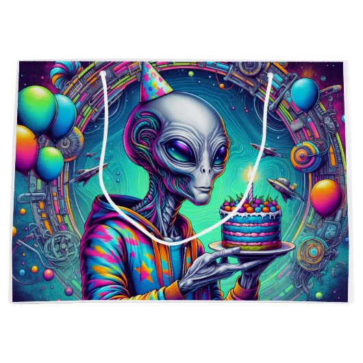 Alien, die Birthday Cake hält Große Geschenktüte (Vorderseite)