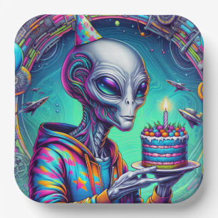 Alien, die Birthday Cake hält Pappteller