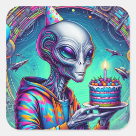 Alien, die Birthday Cake hält Quadratischer Aufkleber