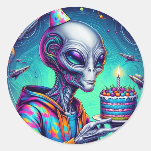 Alien, die Birthday Cake hält Runder Aufkleber (Vorderseite)