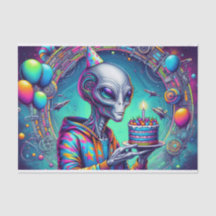 Alien, die Birthday Cake hält