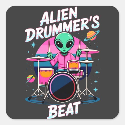 Alien Drummers Beat T - Shirt - Funky Alien Graphi Quadratischer Aufkleber (Vorderseite)