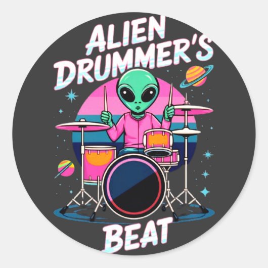 Alien Drummers Beat T - Shirt - Funky Alien Graphi Runder Aufkleber (Vorderseite)