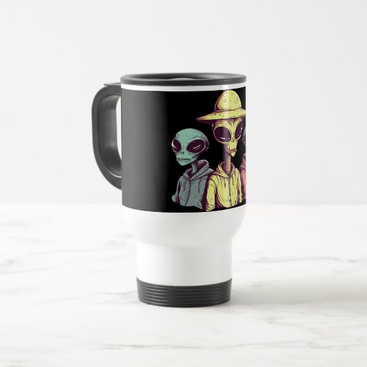 Alien-Duo-Kaffeetasse – Retro-Sci-Fi Reisebecher (Vorderseite Links)