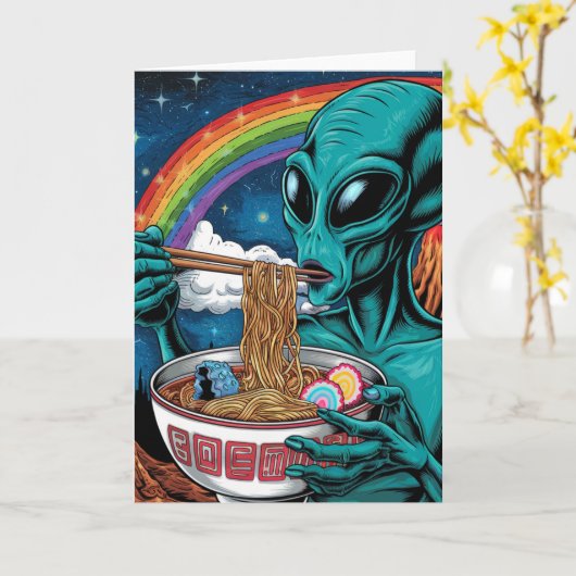 Alien Eating Noodles Jeder Anlässe Karte (Gelbe Blume)