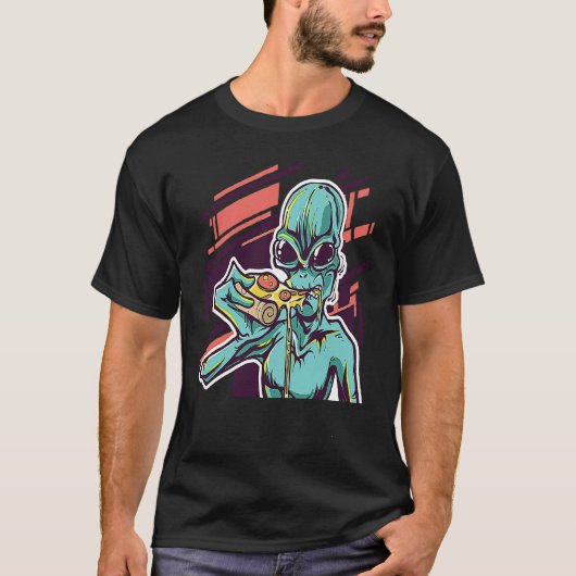 Alien Eating Pizza Modern UFO Martian T-Shirt (Vorderseite)