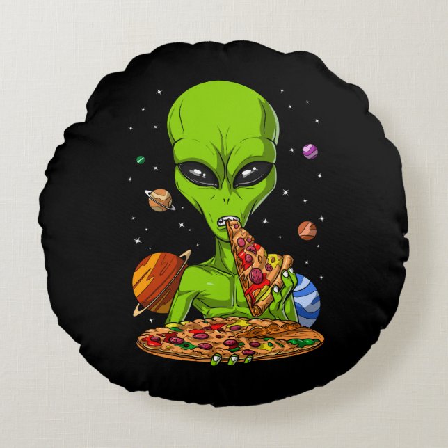 Alien Eating Space Pizza Rundes Kissen (Vorderseite)