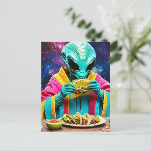 Alien Eating Tacos Postkarte (Stehend Vorderseite)