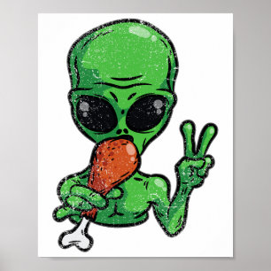 Alien Eating Turkey Erntedank Day Funny Ufo Fal Poster
