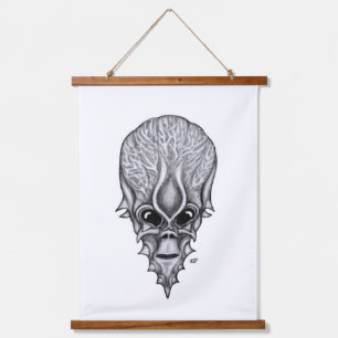 Alien Face, Afrikanische Schädelfaust Wiederaufbau Wandteppich Mit Holzrahmen