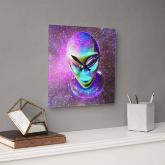 Alien Face kommt aus dem Galaxy Sky Quadratische Wanduhr