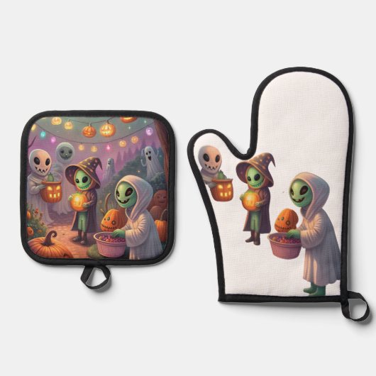 Alien Feast | Weird Sci-Fi Christmas Art Ofenhandschuh & Topflappen-Set (Vorderseite)