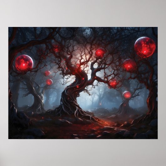 Alien Forest, geflechtete Bäume, leuchtende rote O Poster (Vorne)