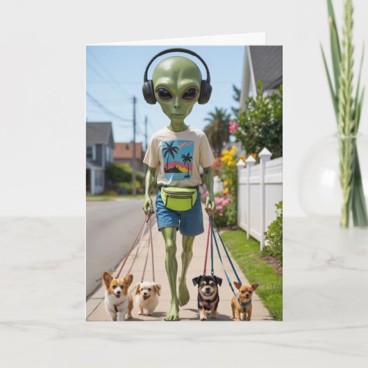 Alien führt Hund Grüßkarte Feiertagskarte (Vorderseite)