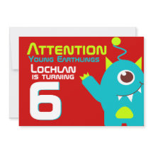 Alien Geburtstagsjunge 6. aqua orange Einladung
