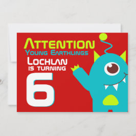 Alien Geburtstagsjunge 6. aqua orange Einladung