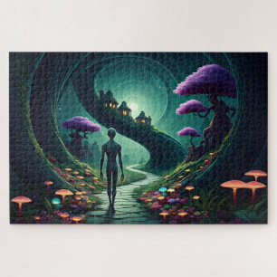 Alien geht durch einen Alien-Garten Puzzle