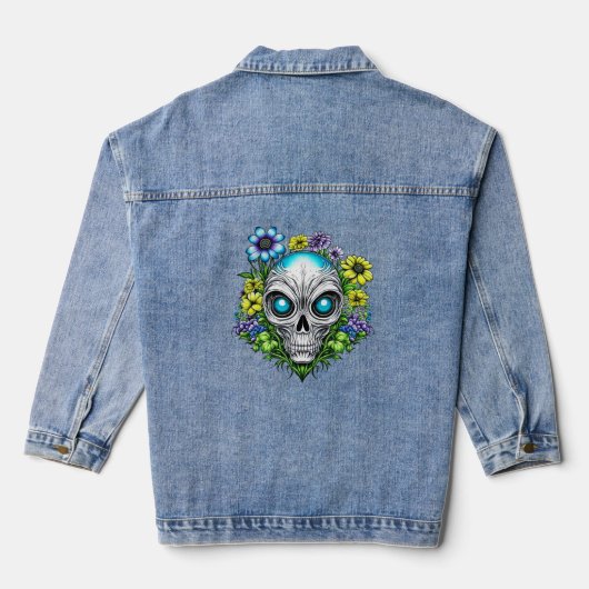 Alien Gesicht und Blume Kunst Jeansjacke (Rückseite)