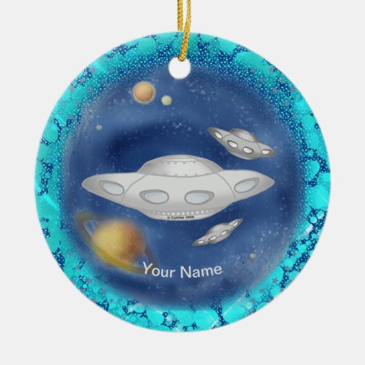Alien Graues Raumschiff individueller Name Schmuck Keramik Ornament (Vorne)
