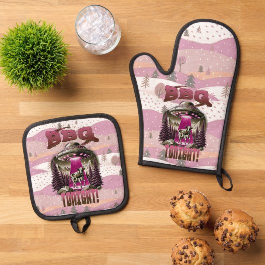 Alien GRILLEN Cow Abduction Joke Ofenhandschuh & Topflappen-Set (Oben Unten)