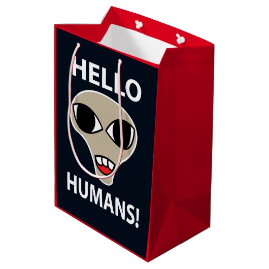 Alien Hello Humans Funny Alien Mittlere Geschenktüte (Rückseite Schrägansicht)