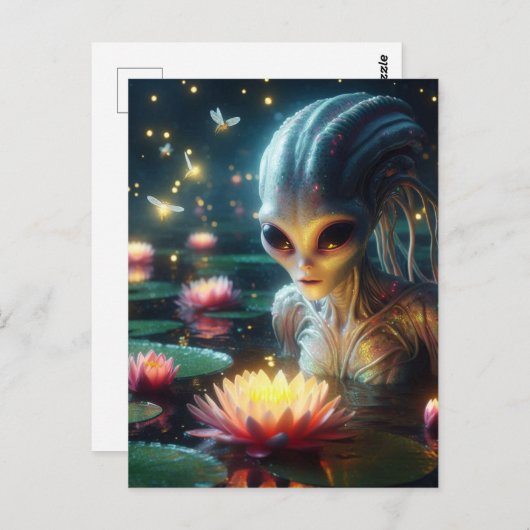 Alien im blühenden Sommerhund mit rosa Blume Postkarte (Vorne/Hinten)