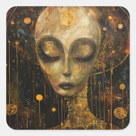 Alien im Klimt-Stil Quadratischer Aufkleber (Vorderseite)