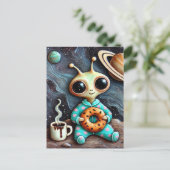 Alien in Blue PJs mit Kaffee und Bagel Postkarte (Stehend Vorderseite)