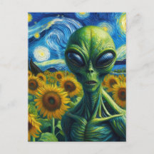 Alien in einem Imitat Van Gogh Sonnenblumenfeld