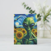 Alien in einem Imitat Van Gogh Sonnenblumenfeld Postkarte (Stehend Vorderseite)