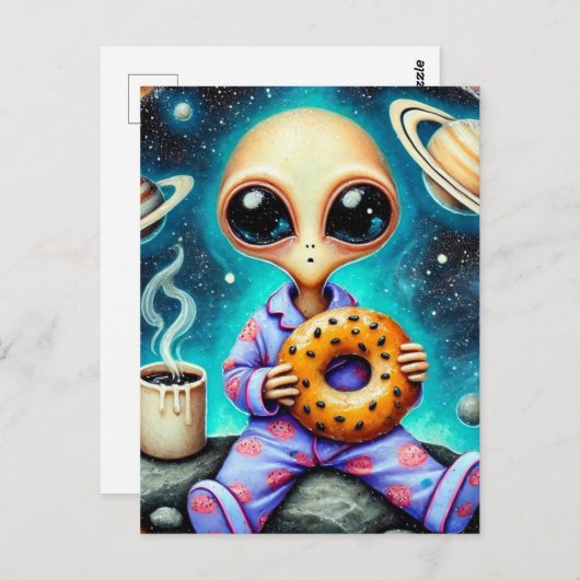 Alien in PJs mit Kaffee und Bagel Postkarte (Vorne/Hinten)