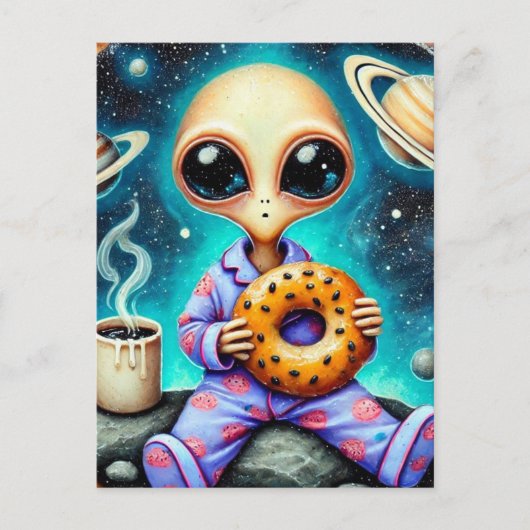 Alien in PJs mit Kaffee und Bagel Postkarte (Vorderseite)