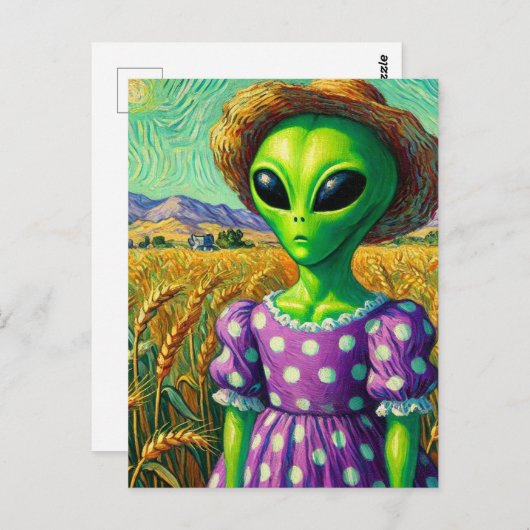 Alien in Polka Dot Dress und Strohhüttenfeld Postkarte (Vorne/Hinten)