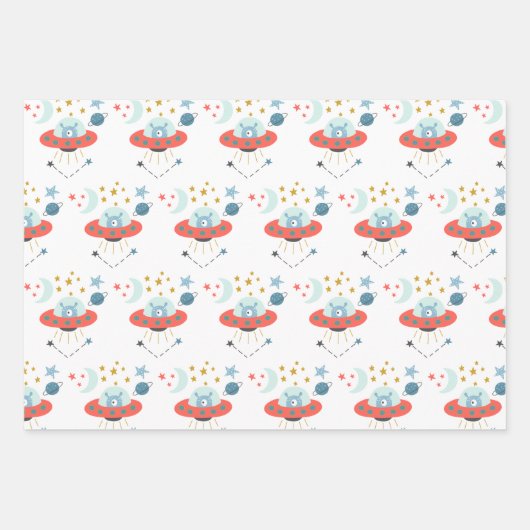 Alien in Raumschiff Muster Boy Birthday White Aqua Geschenkpapier Set (Vorderseite 2)