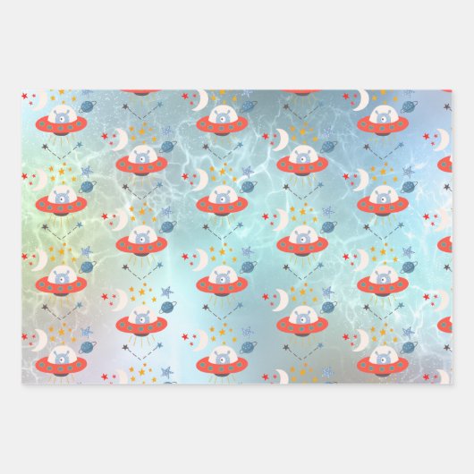 Alien in Raumschiff Muster Boy Birthday White Aqua Geschenkpapier Set (Vorderseite)