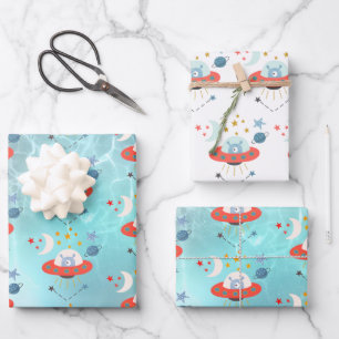 Alien in Raumschiff Muster Boy Birthday White Aqua Geschenkpapier Set