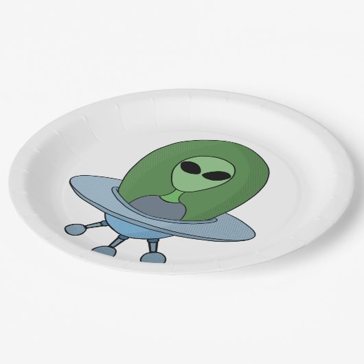 Alien in seinem kleinen Raumschiff Pappteller (Schrägansicht)