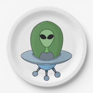 Alien in seinem kleinen Raumschiff Pappteller