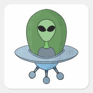Alien in seinem kleinen Raumschiff Quadratischer Aufkleber
