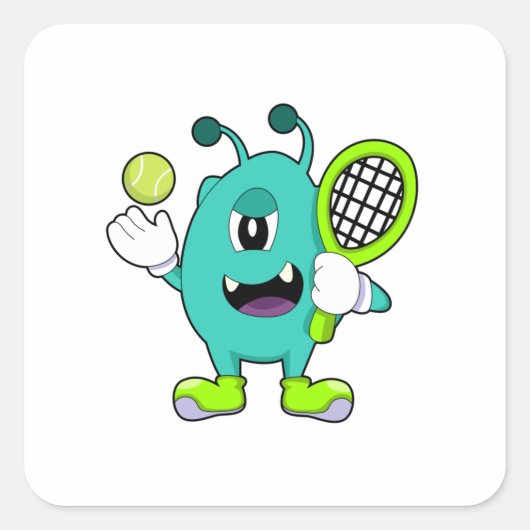 Alien in Tennis mit Tennisschläger Quadratischer Aufkleber (Vorderseite)