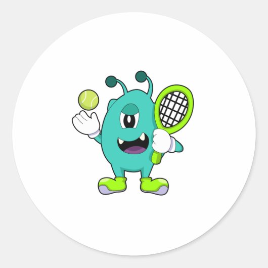 Alien in Tennis mit Tennisschläger Runder Aufkleber (Vorderseite)