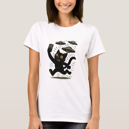 Alien Invasion Cat Design, Selfie UFO Cat T-Shirt (Vorderseite)