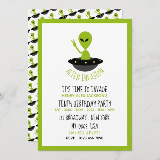 Alien Invasion, Geburtstag Einladung (Vorne/Hinten)