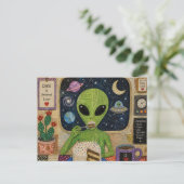 Alien isst Kuchen Postkarte (Stehend Vorderseite)