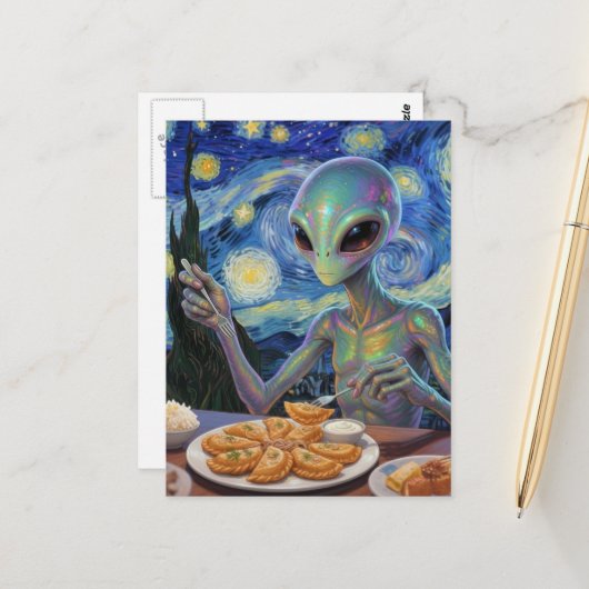Alien isst Pierogi Postkarte (Vorderseite/Rückseite Beispiel)