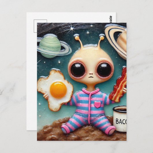 Alien Kaffee mit Bacon und Eiern Postkarte (Vorne/Hinten)